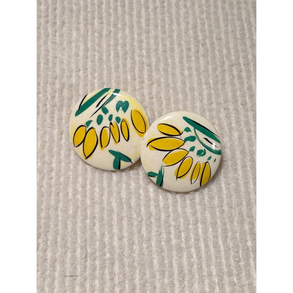 Vintage Hand Painted Yellow Floral Button Stud Earrings Retro Oversized Cream